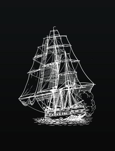 White line art of a ship on a black background.